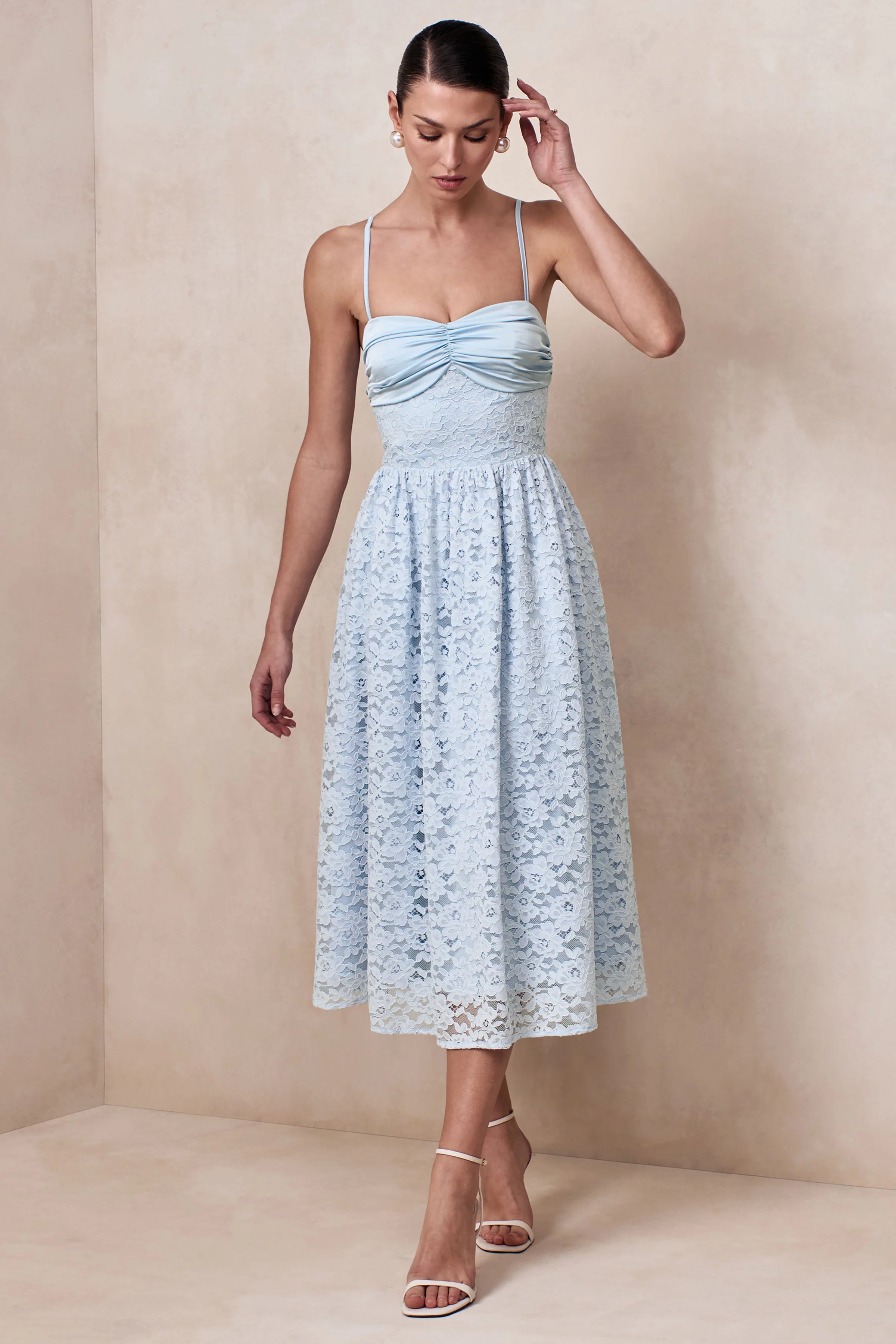 Gloriana Powder Blue Lace Sweetheart Neck Midi Dress
