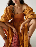 Women Floral Embroidered Maxi Dress Long Puff Sleeve Square Neck Bohemian Flowy Dress with Pockets Summer Fall