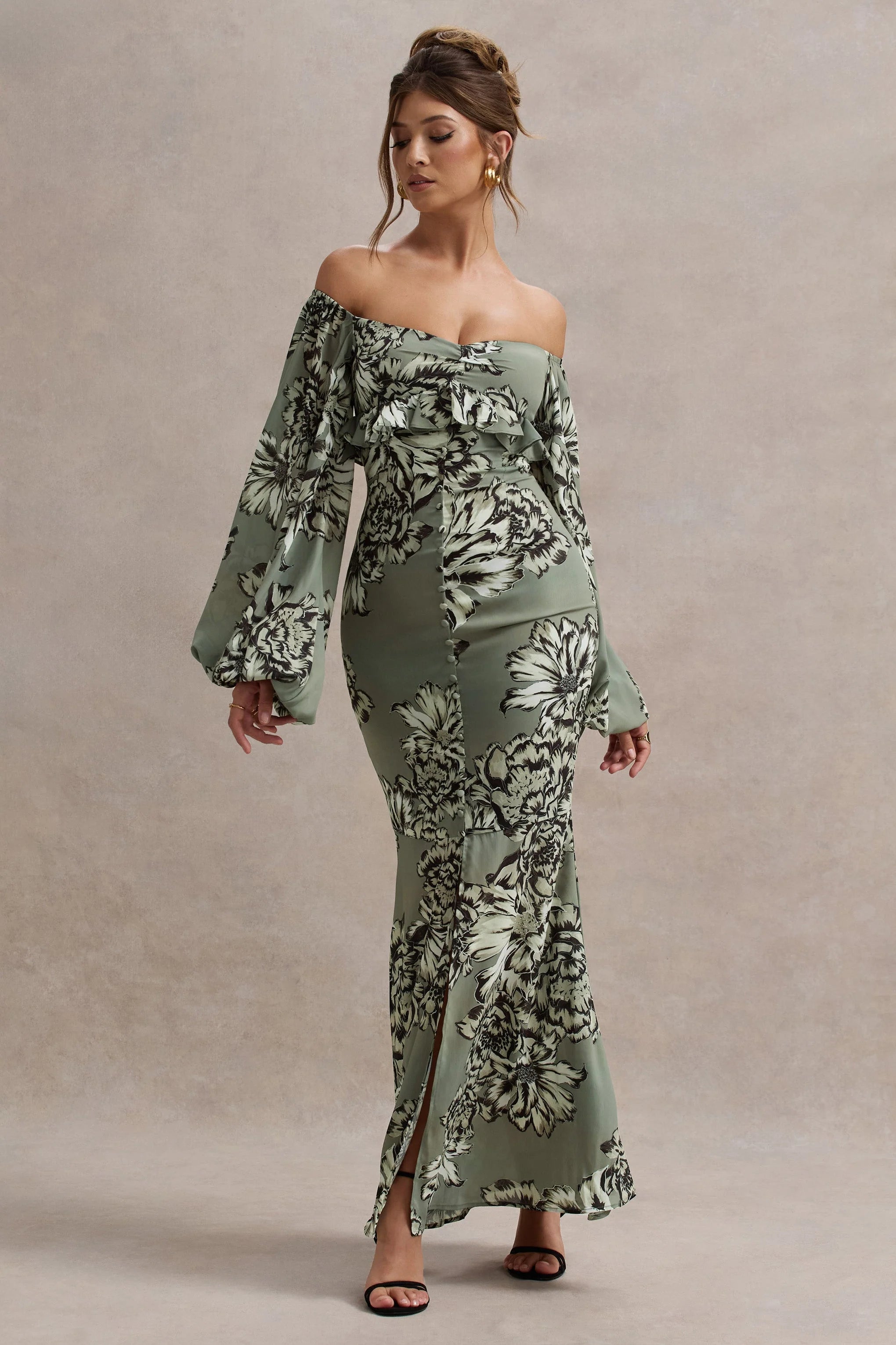 Murcia Olive Floral Print Chiffon Puff Sleeve Button Maxi Dress