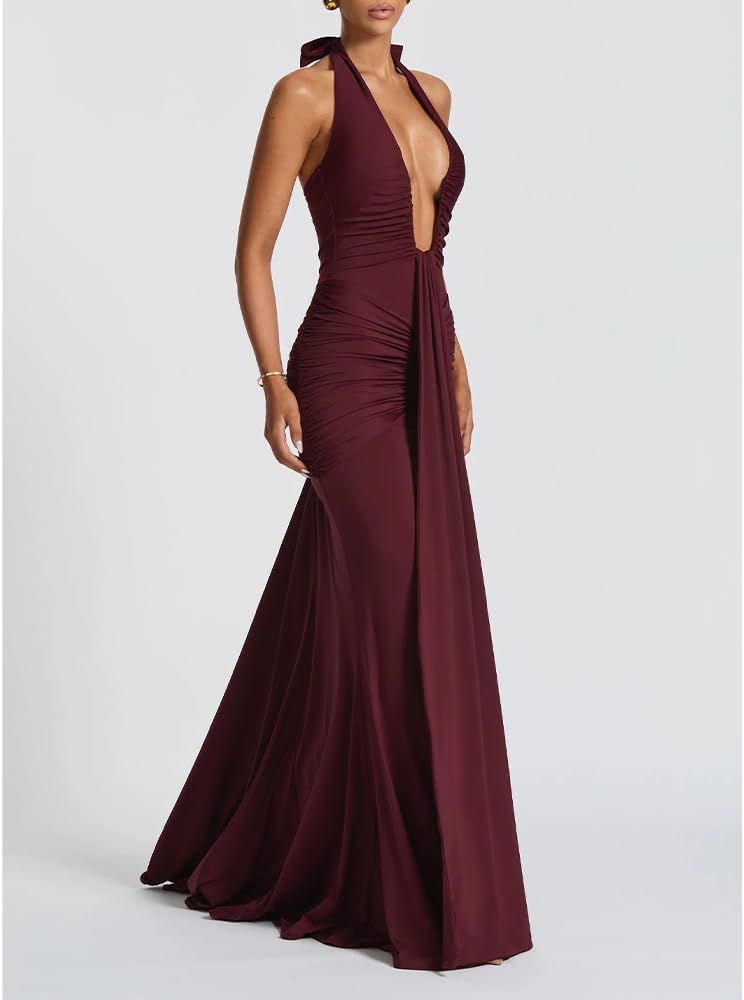 Women Deep V Neck Ruched Maxi Dress Sleeveless Halter Gown Cocktail Evening Formal Dresses