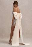 Sugar Off White Feathered Sequin Mini Dress With Satin Bow