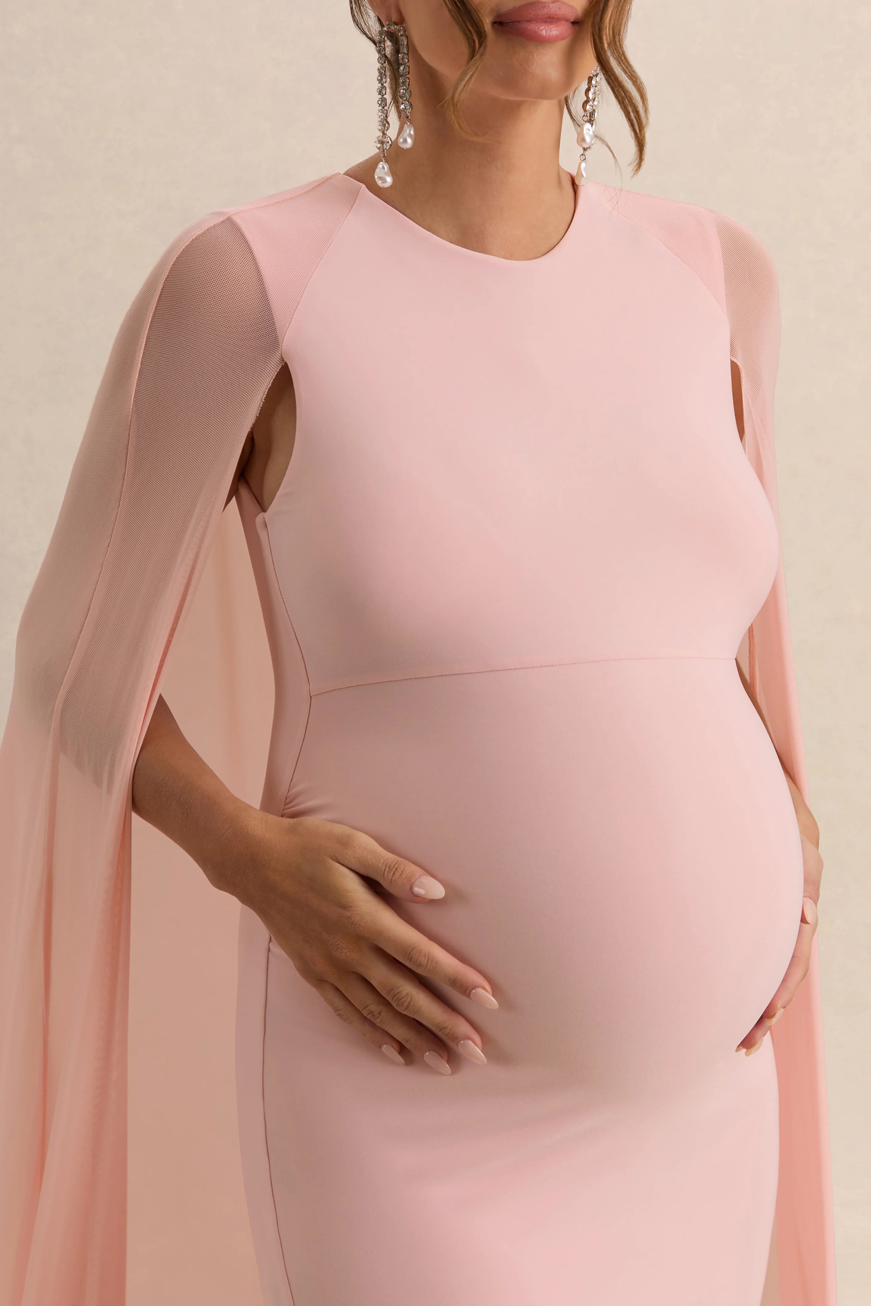 Currant Pink Crew Neck Maternity Maxi Dress With Cape
