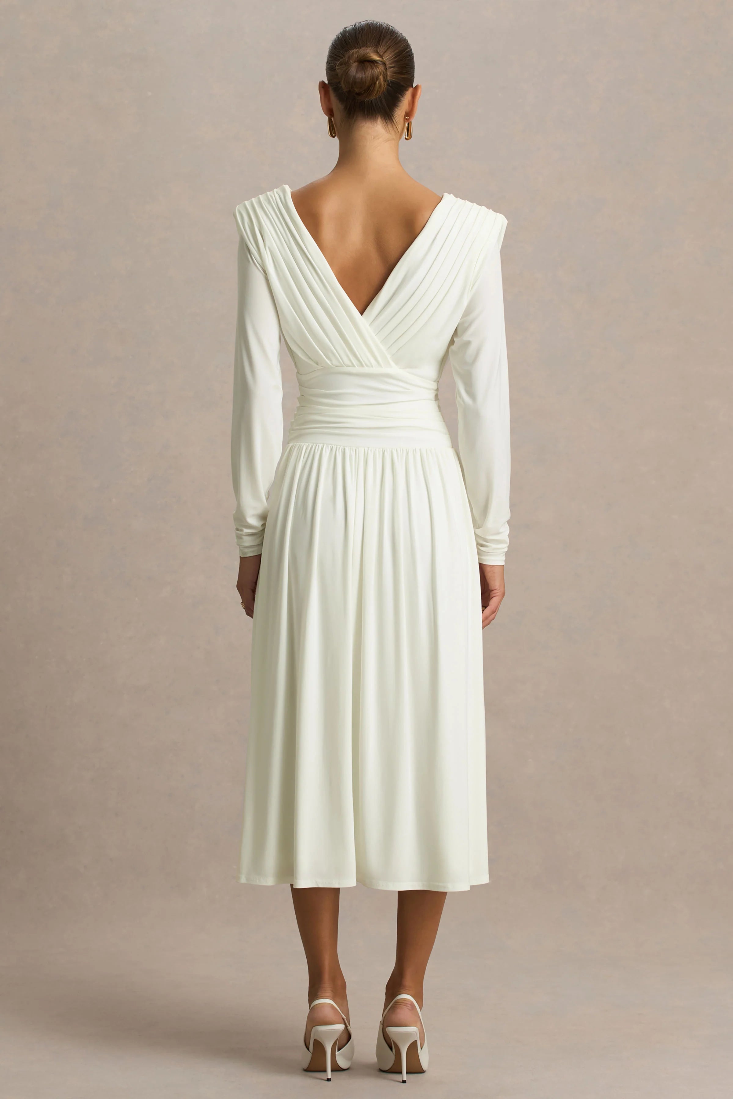 Alexis Cream Plunge Neck Midi Dress With Draped And Ruched Detailing