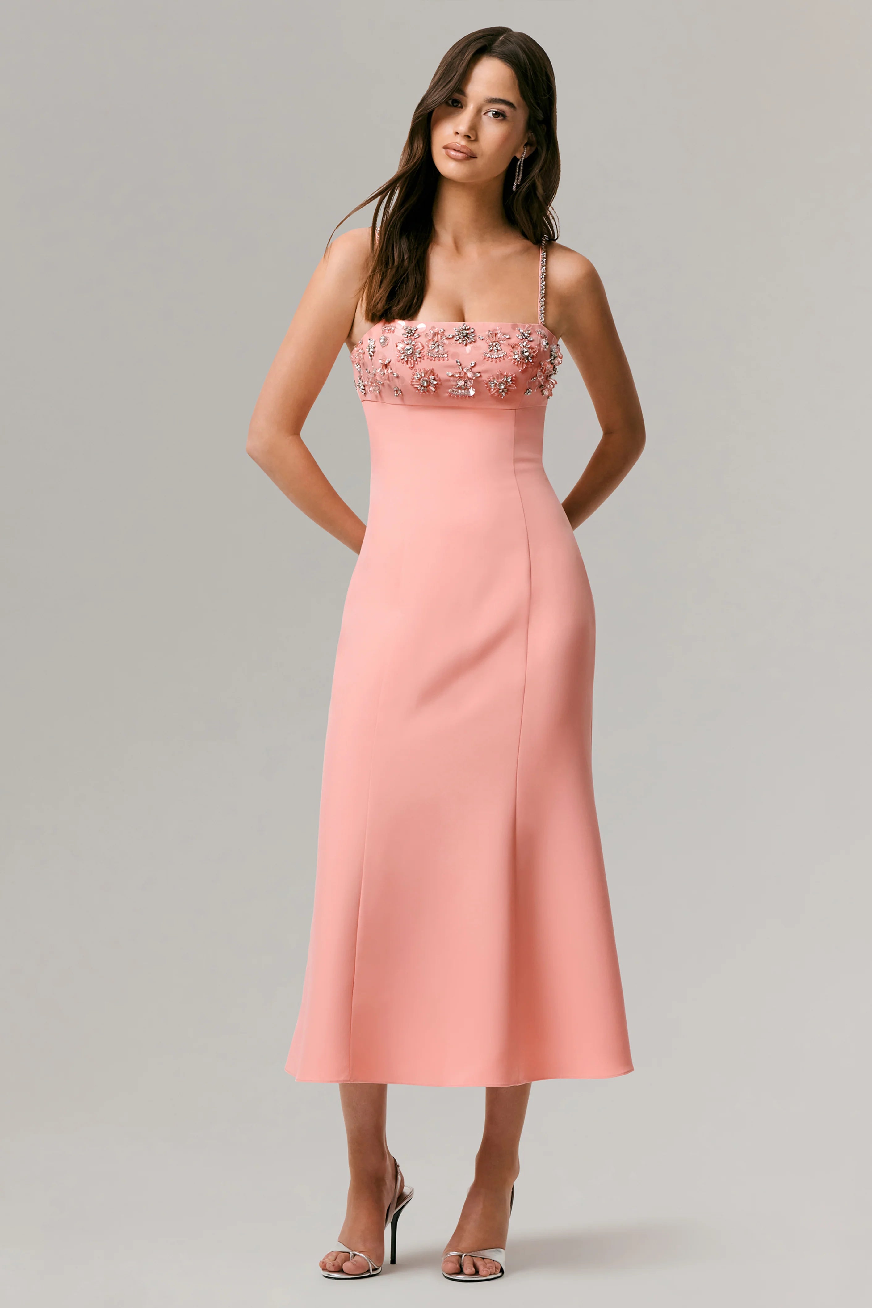 One To Remember Coral Square Neck Embellished Midi Dress