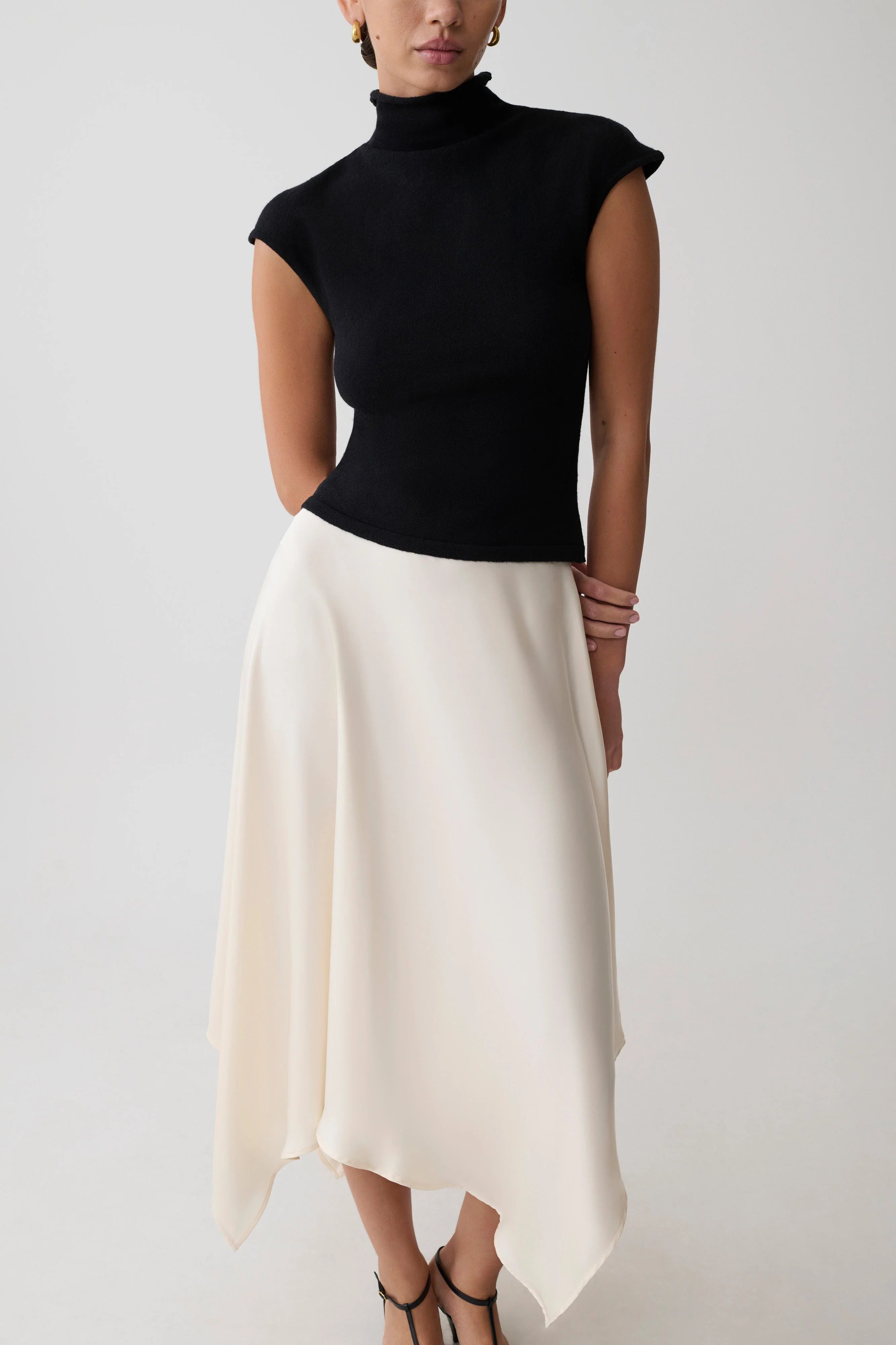 Coralie Asymmetric Satin Midi Skirt Ivory