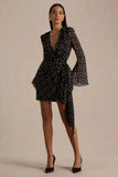 Mela Black And White Polka Dot Plunge Neck Mini Dress With Bell Sleeves And Sash Detail