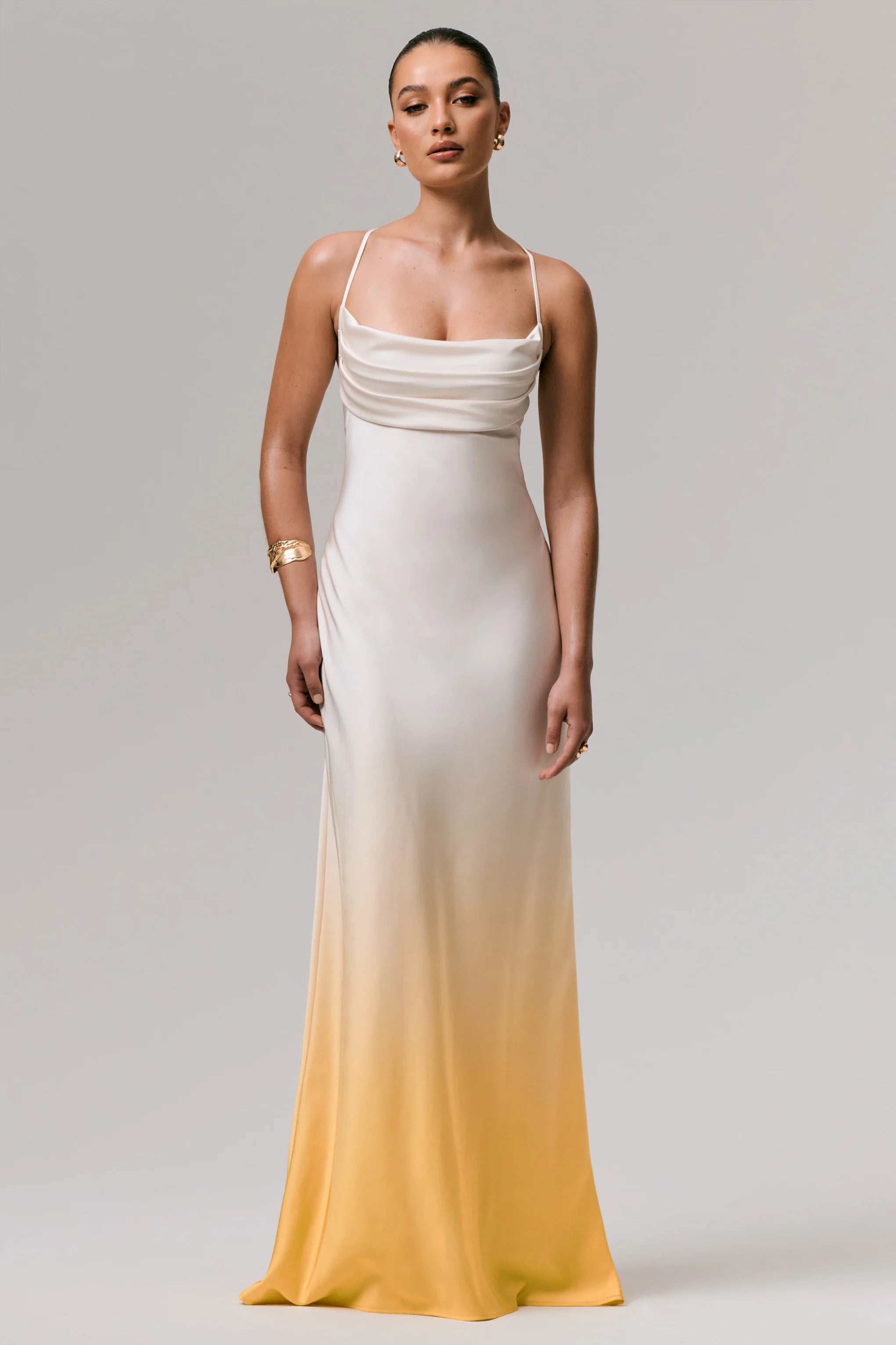 Lucie Yellow Ombre Satin Cowl Neck Maxi Dress