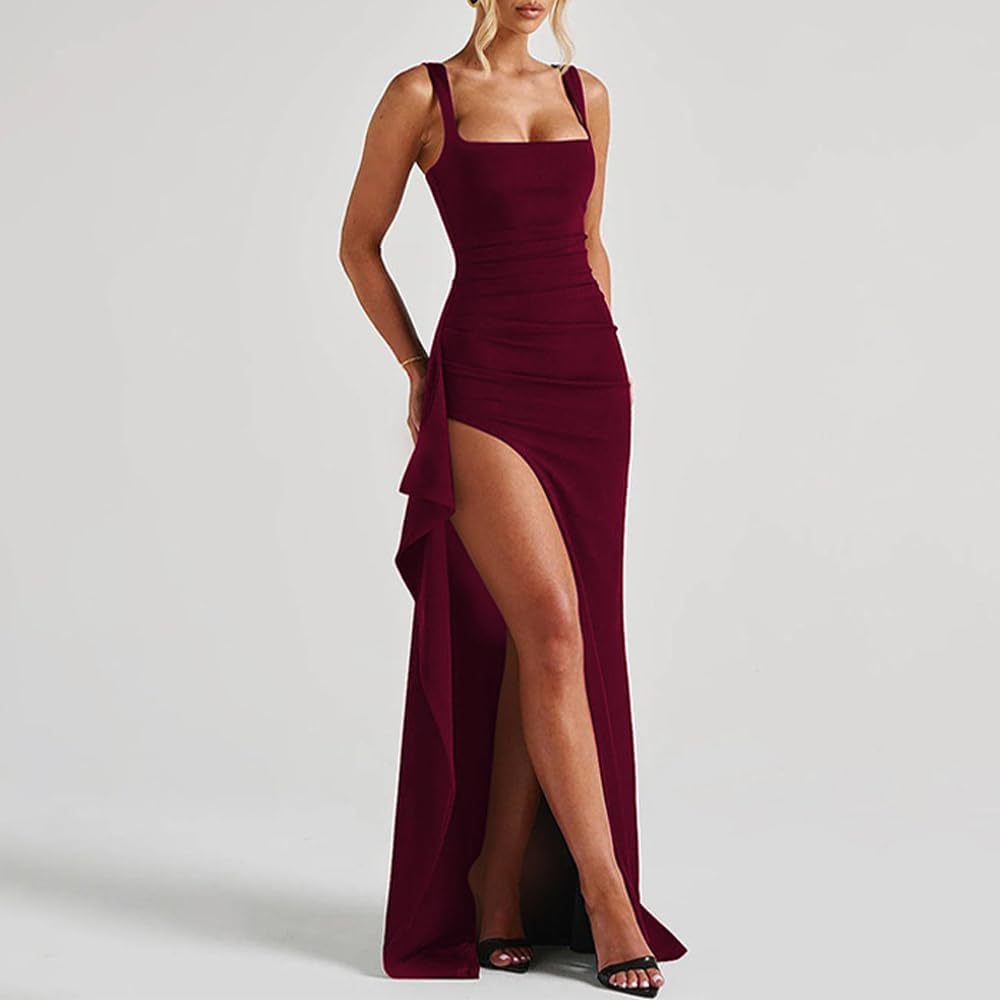 Women Formal Dresses Sleeveless Bodycon Ruched High Slit Sexy Maxi Dress Cocktail Prom