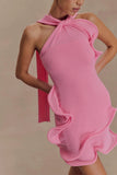 Caprice Halter Knit Mini Dress Bubblegum Pink