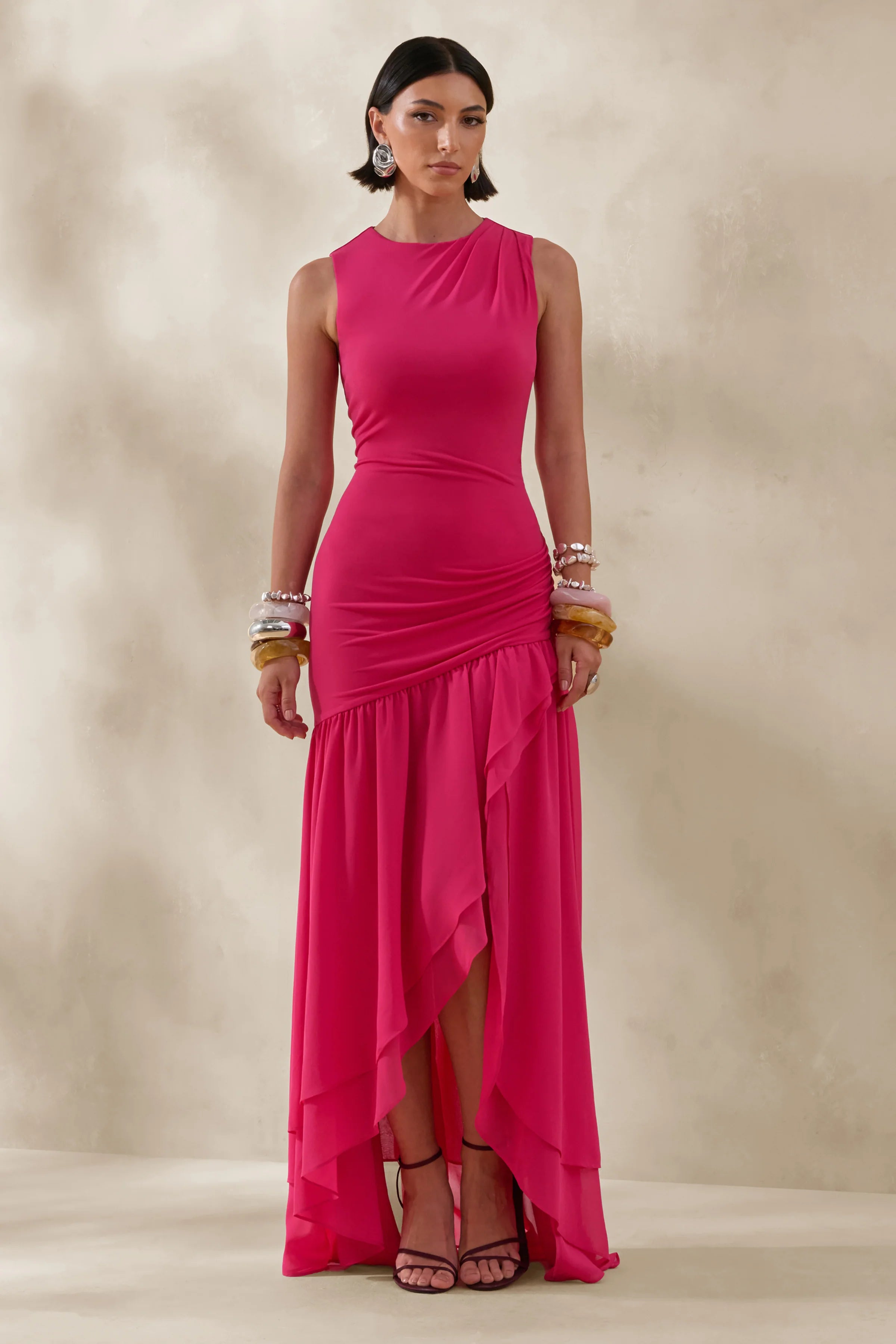 Noelia Hot Pink High Neck Maxi Dress With Ruffled Detailing