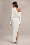 Olivia Cream Asymmetric Neck Maxi Dress With Ruched Detailing Asymmetric Hem