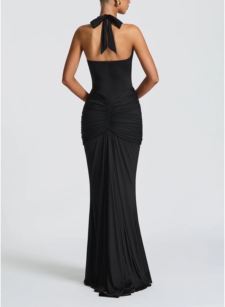 Women Deep V Neck Ruched Maxi Dress Sleeveless Halter Gown Cocktail Evening Formal Dresses