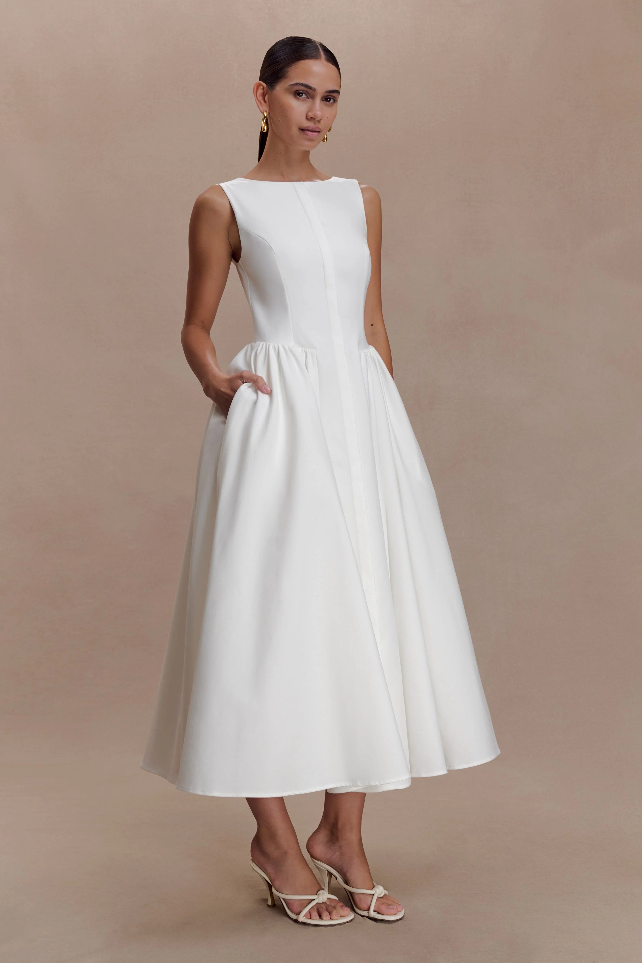 Monika Gathered Waist Cotton Midi Dress White