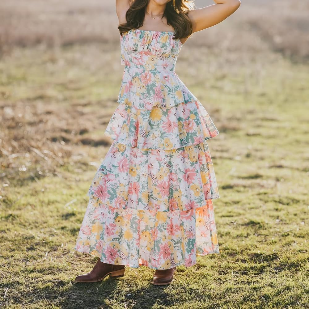 Women Floral Maxi Dress Sleeveless Bow Back Tiered Boho Flowy Long Dresses Summer Fall