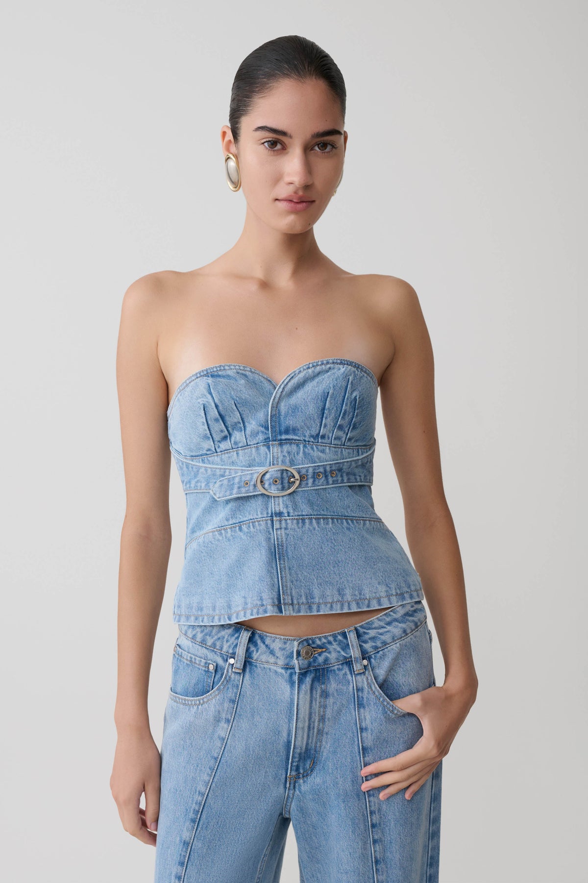Tommy Strapless Denim Top With Buckle Classic Blue