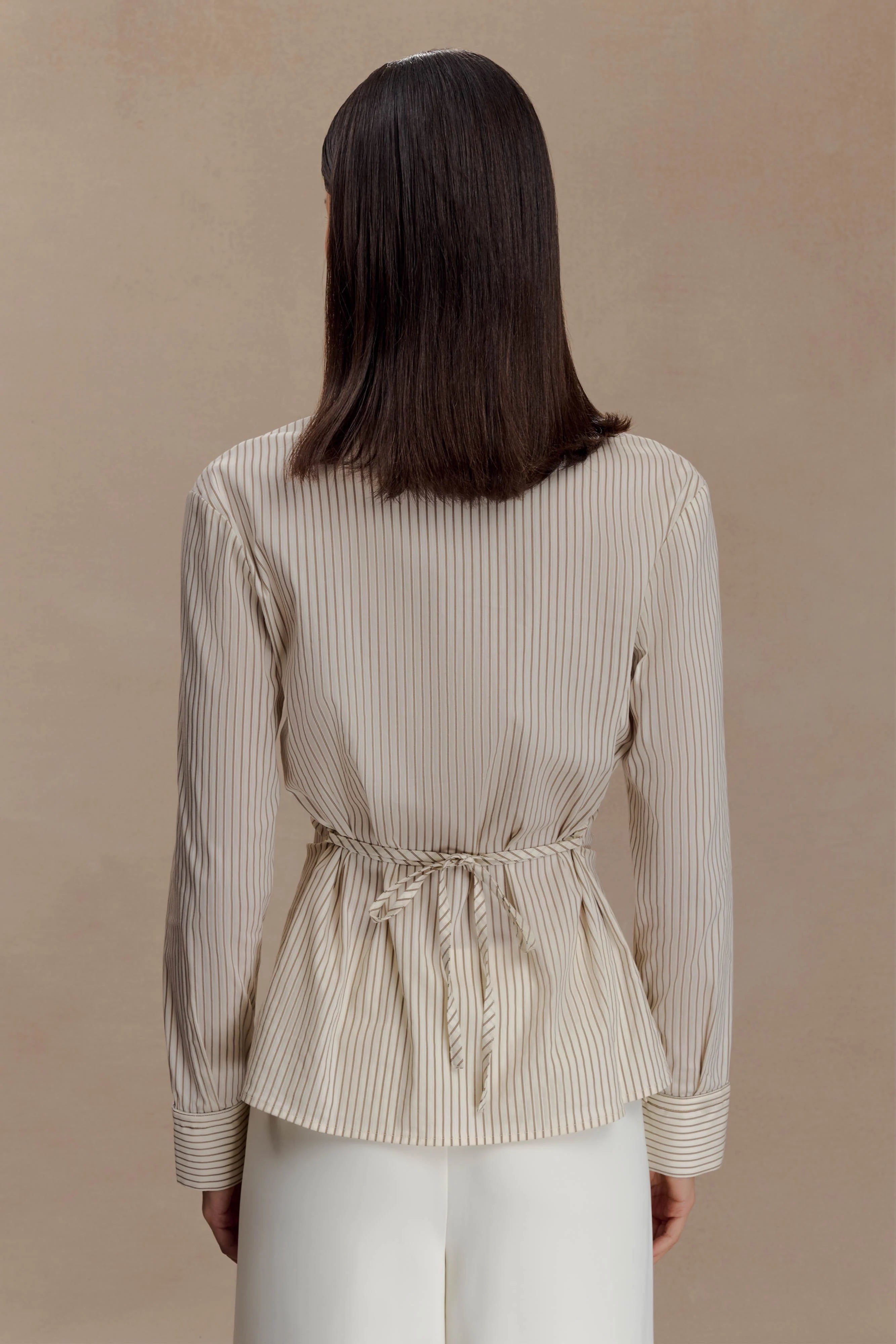 Millie Tie Back Cotton Shirt Beige Pinstripe