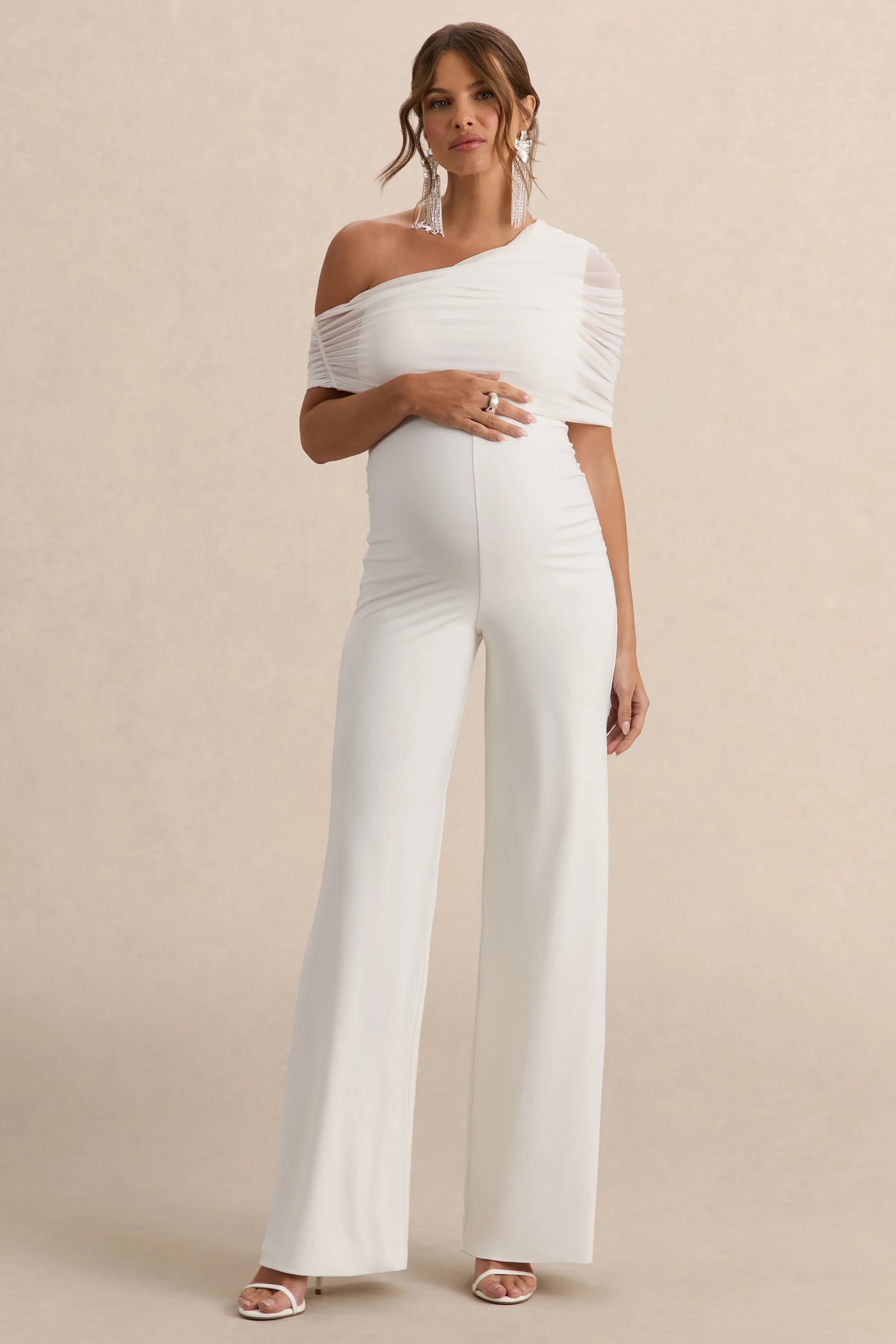 Mariska White Asymmetric Neck Maternity Jumpsuit