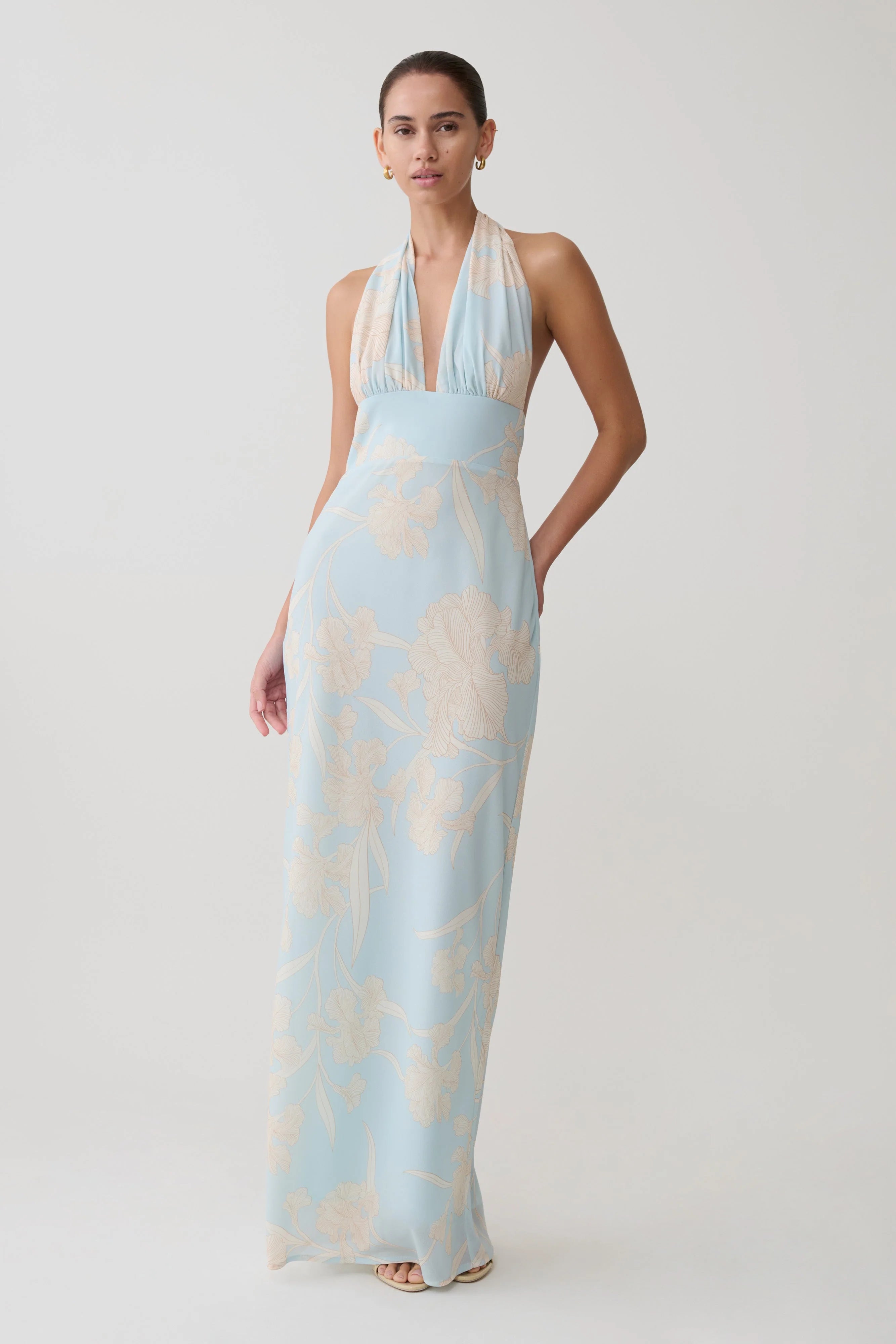 Nadine Halter Scarf Chiffon Maxi Dress Blue Floral Print