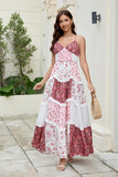 Women Floral Maxi Dress Spaghetti Straps V Neck Patchwork Flowy Boho Sundress Tiered Long Dresses