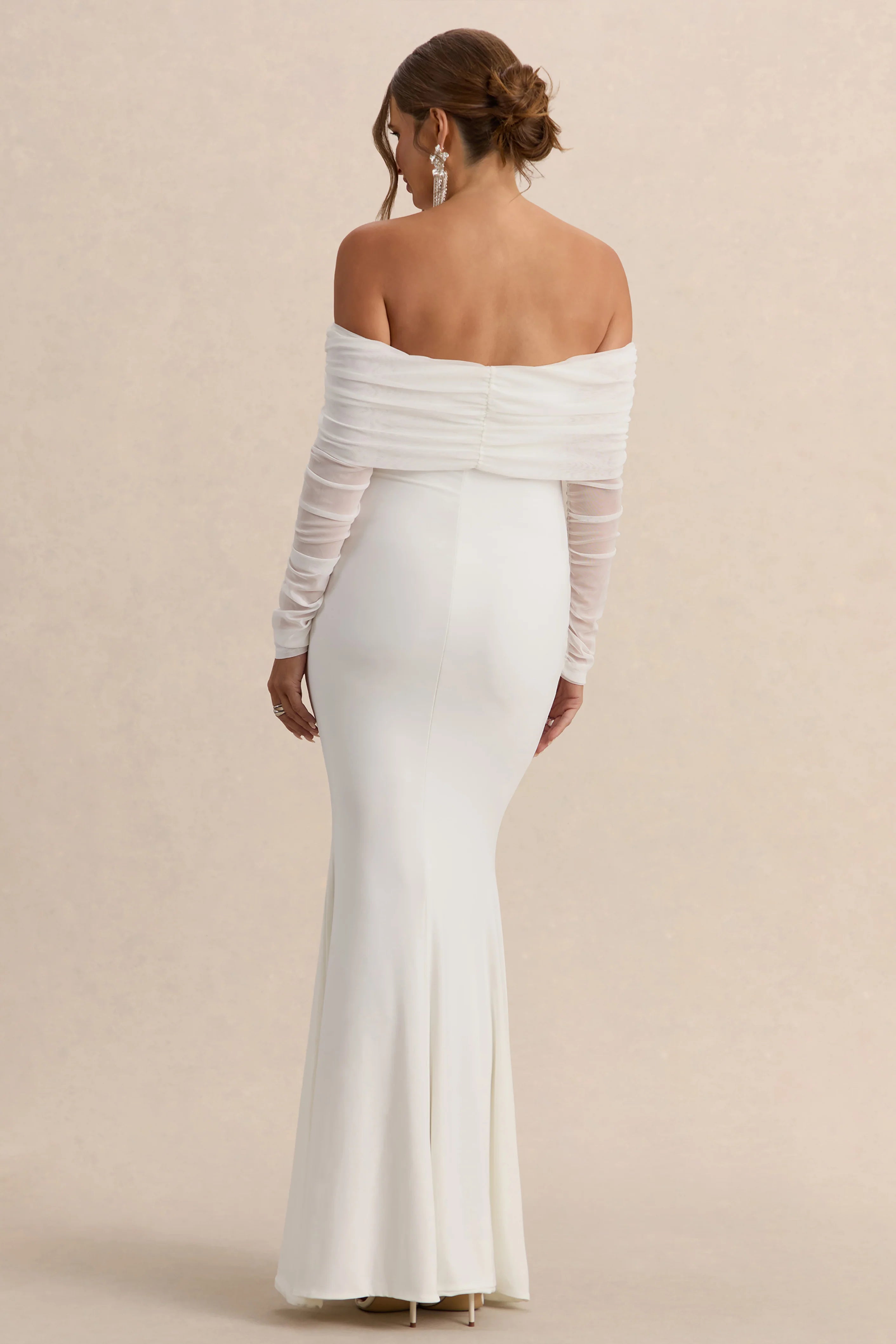 Pretty Perfect White Maternity Ruched Mesh Bardot Maxi Dress
