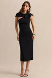 Clarina Black Asymmetric Neck Midi Dress With Bow Detail