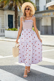 Women Floral Embroidered Maxi Dress Sleeveless Tie Shoulder Smocked Flowy Dress Boho Summer Sundresses with Pockets