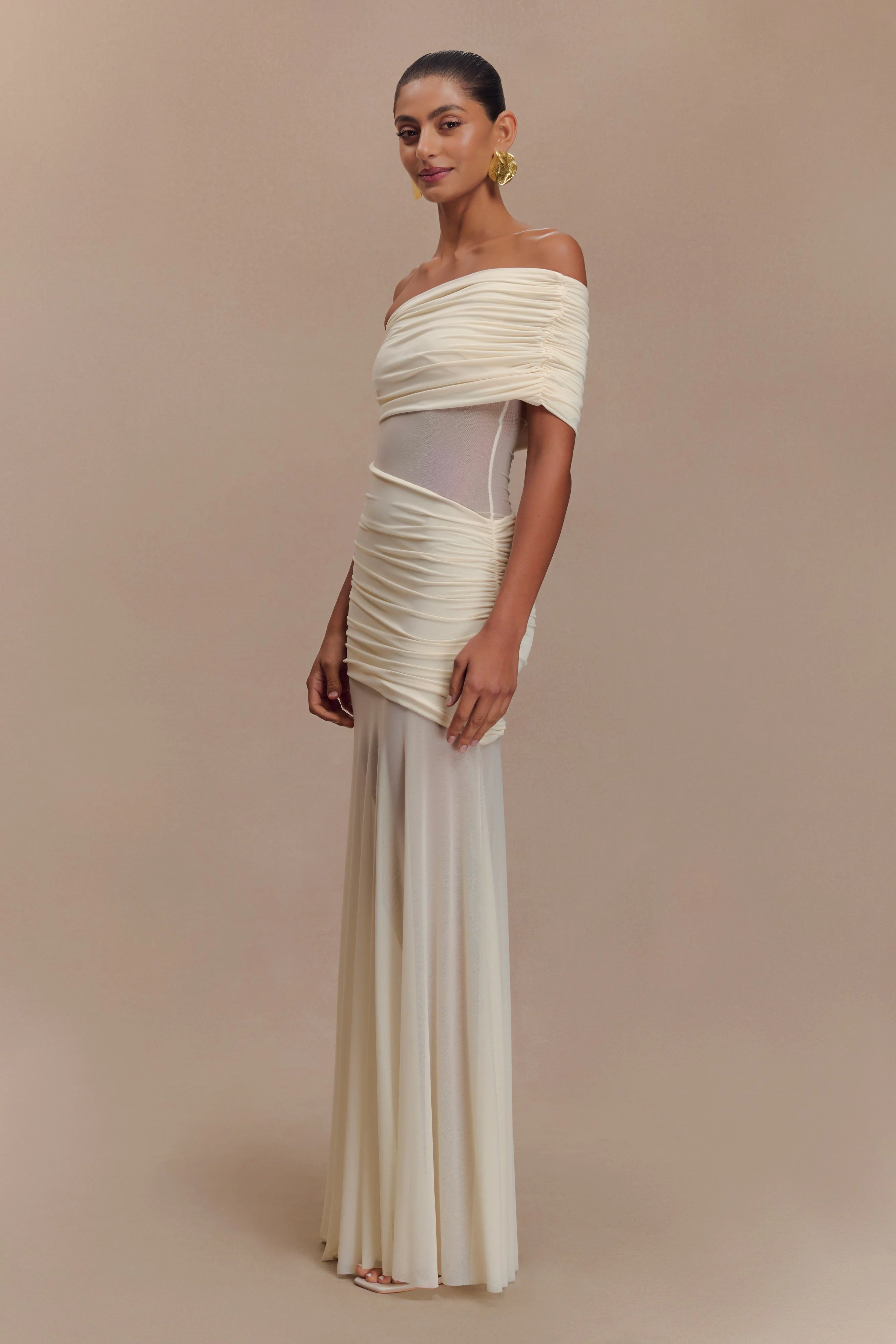 Dallas One Shoulder Mesh Maxi Dress Ivory
