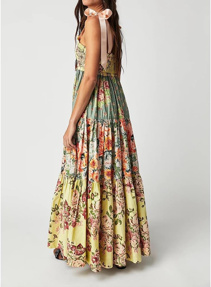 Women Floral Maxi Dress Tie Shoulder Patchwork Smocked Flowy Boho Dress with Pockets Summer Vacation Sundress