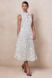Avalon White Polka Dot Scarf Neck Midi Dress With Pleated Skirt