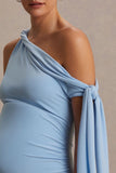 Orielle Powder Blue Asymmetric Neck Maternity Maxi Dress With Knot Sleeve And Sash