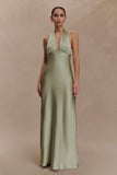 Alice Satin Halter Maxi Dress Sage