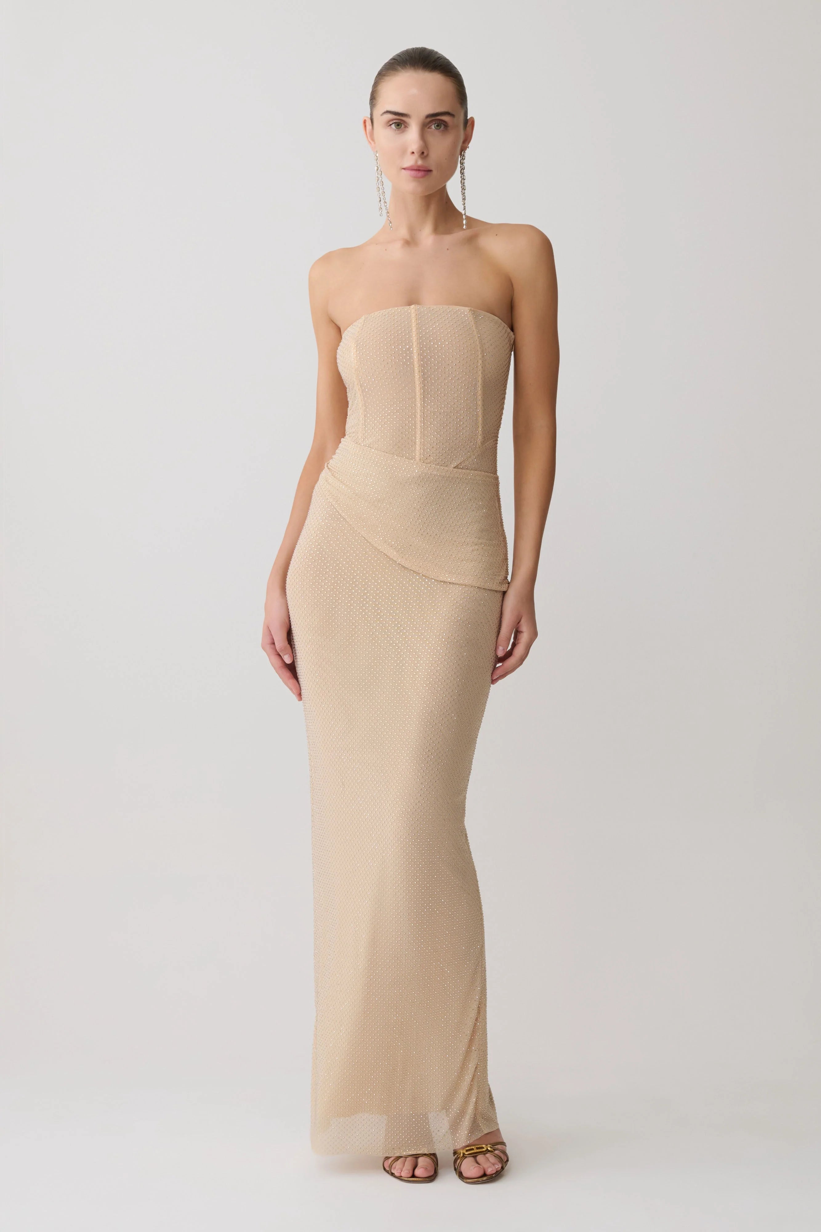 Phi Multi Wear Cowl Diamante Maxi Dress Gold