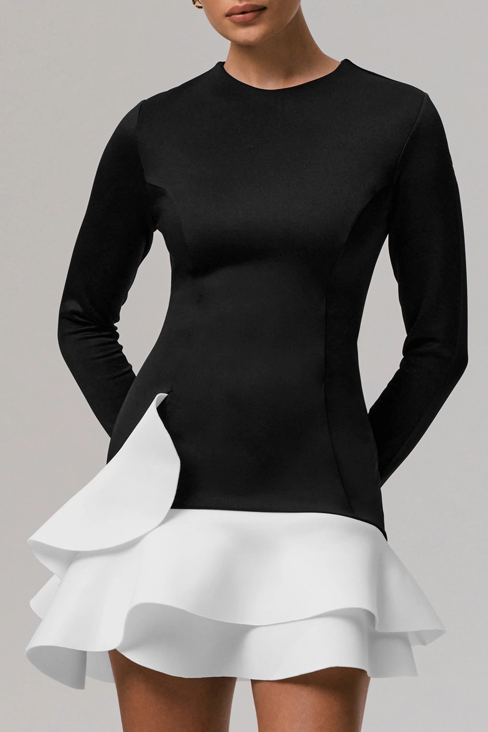 Lucinda Black White Long Sleeve Mini Dress With Ruffle Hem