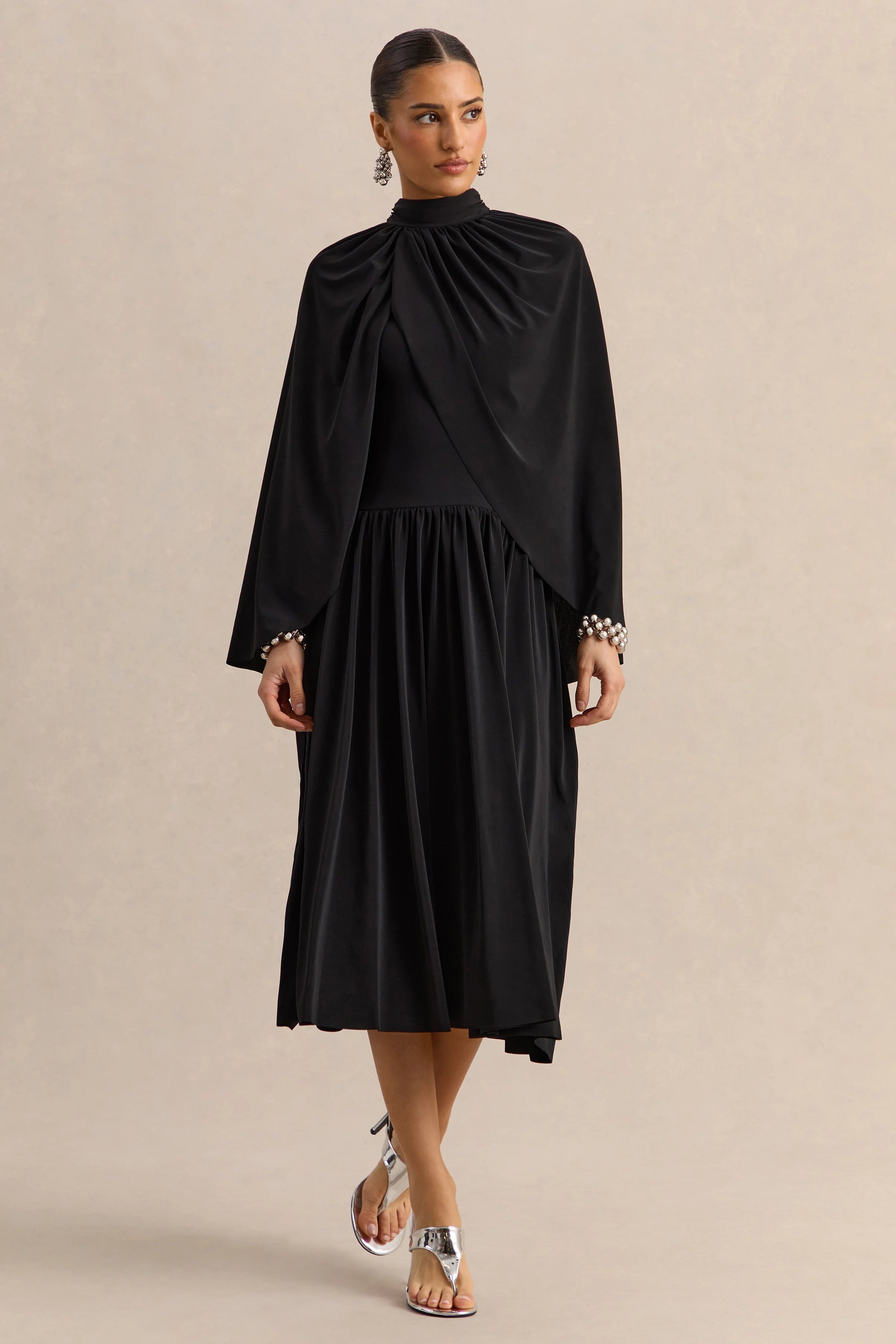 Honora Black High Neck Midi Dress With Cape Sleeves