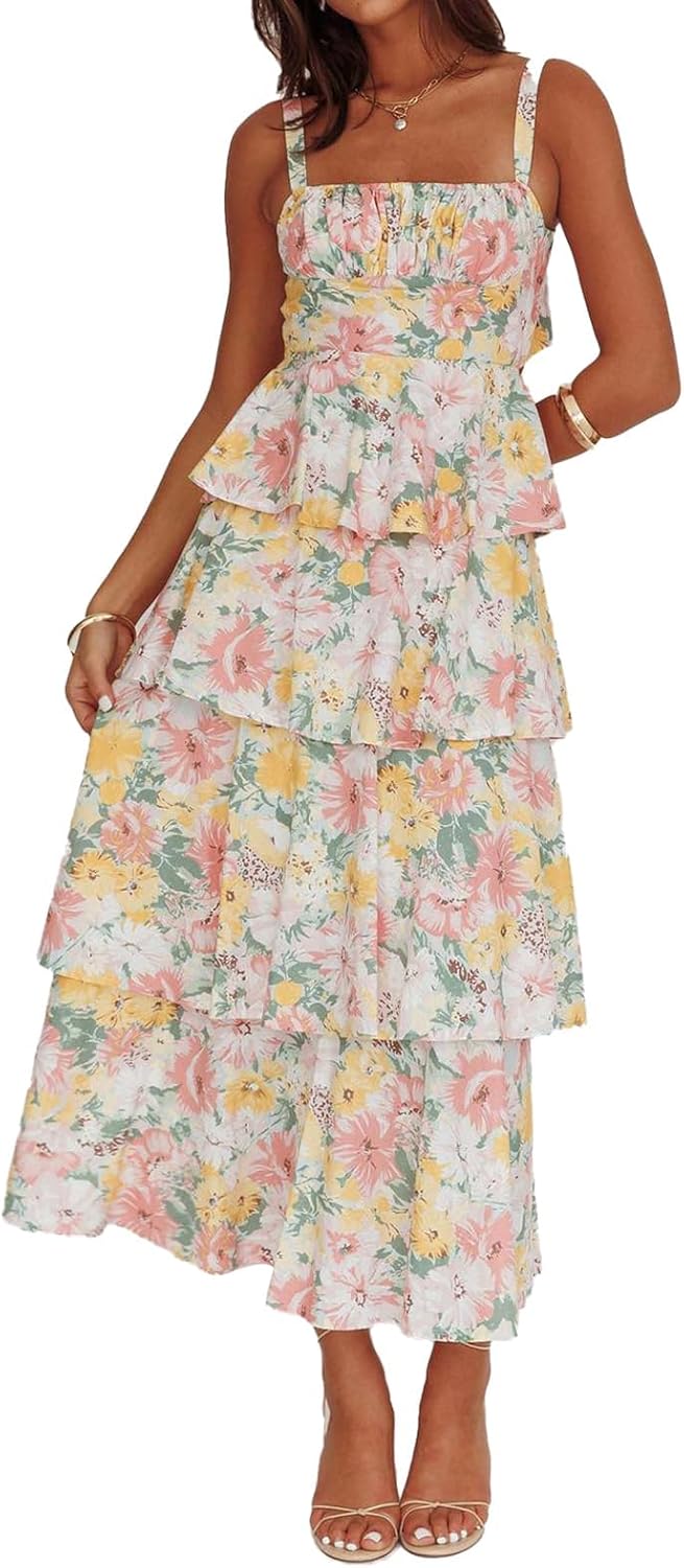Women Floral Maxi Dress Sleeveless Bow Back Tiered Boho Flowy Long Dresses Summer Fall