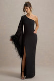 Armina Black One Shoulder Feather Trim Maxi Dress
