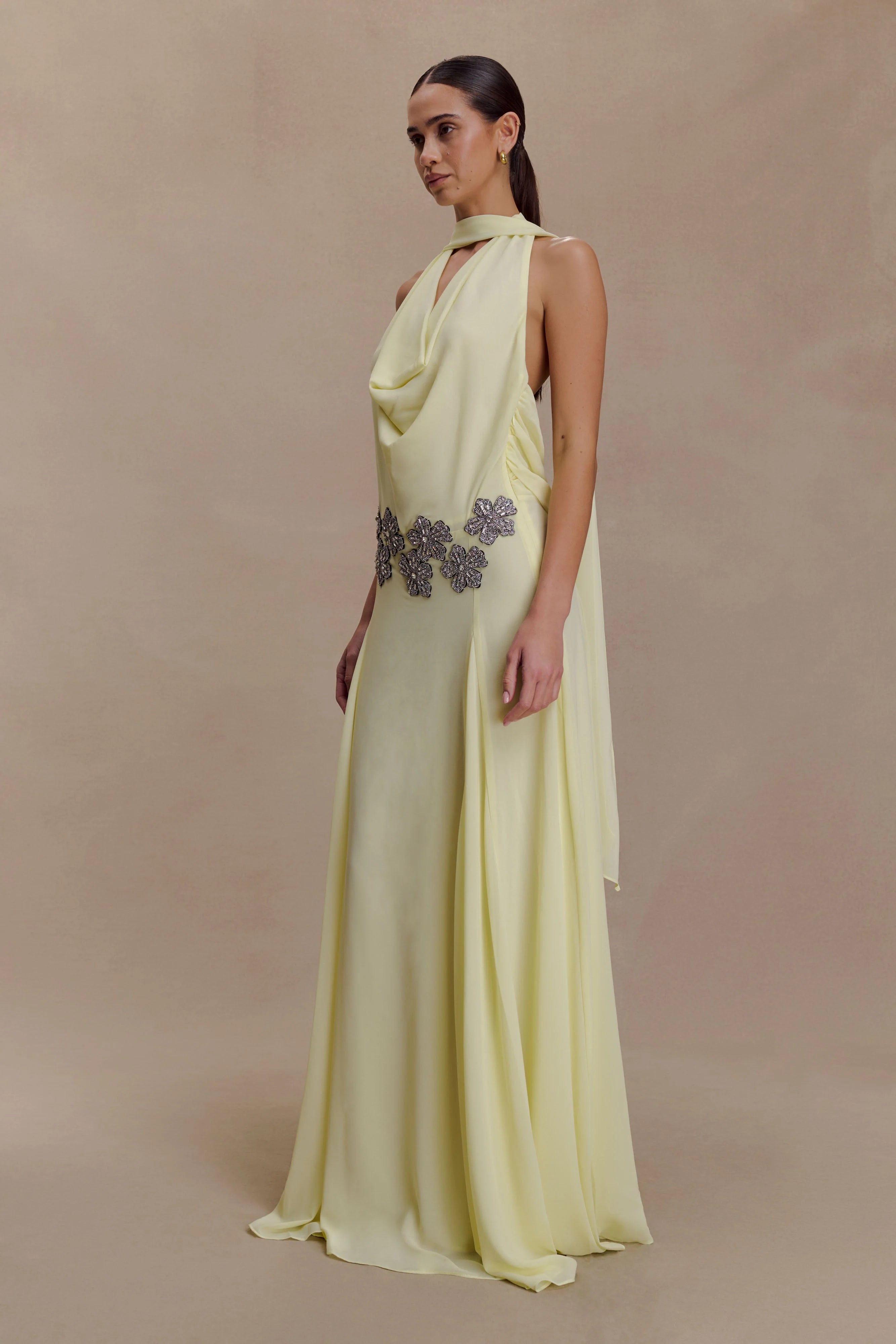 Santal Floral Chiffon Halter Maxi Dress Lemon