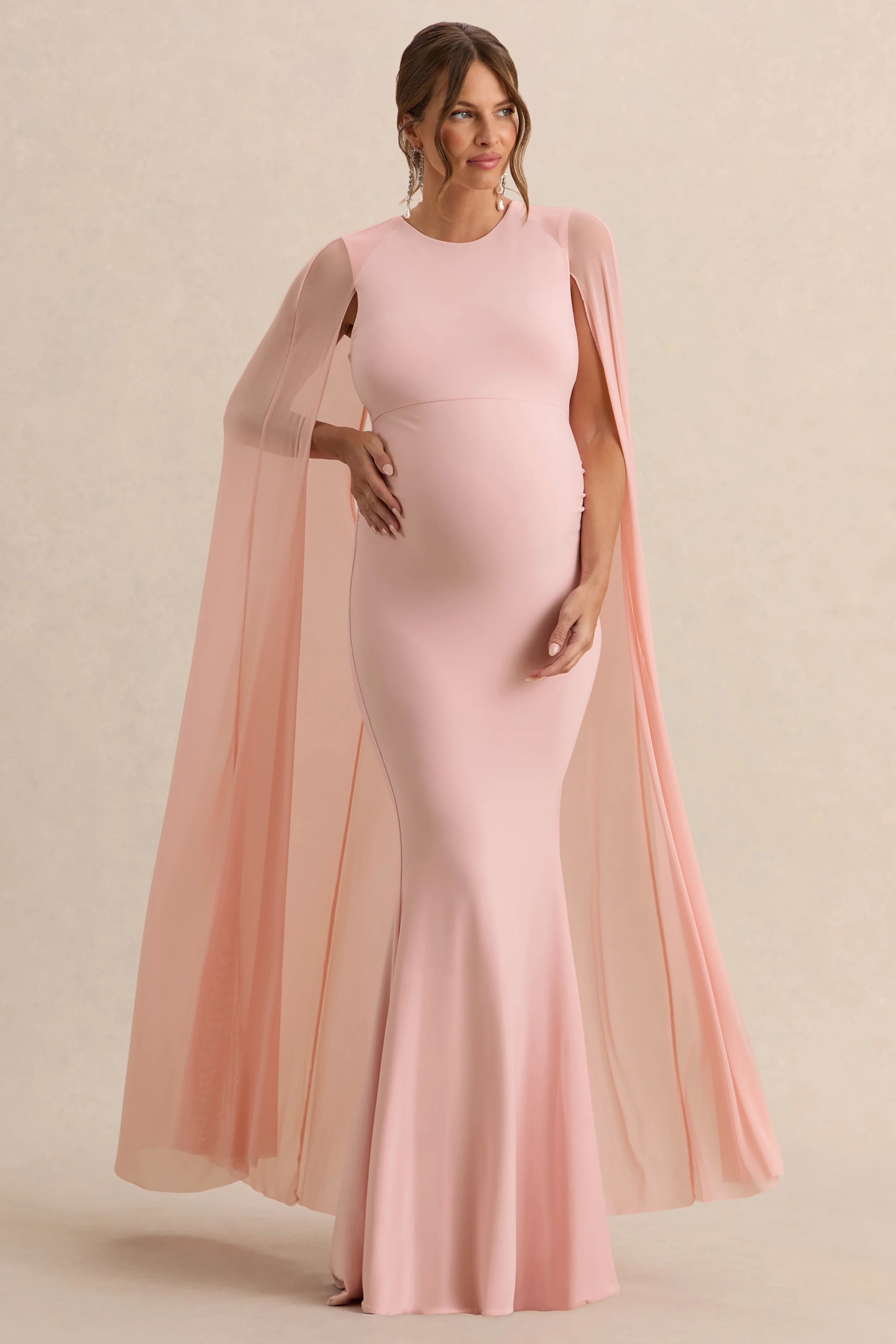 Currant Pink Crew Neck Maternity Maxi Dress With Cape