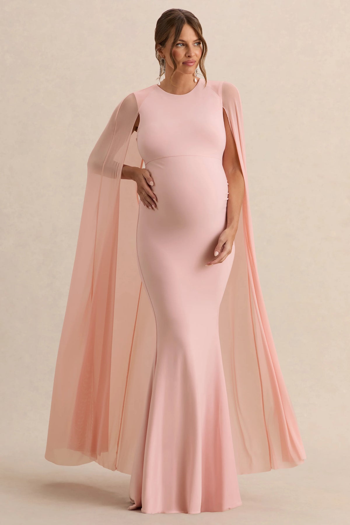 Currant Pink Crew Neck Maternity Maxi Dress With Cape