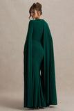 Magdelena Bottle Green Asymmetric Cape Maxi Dress