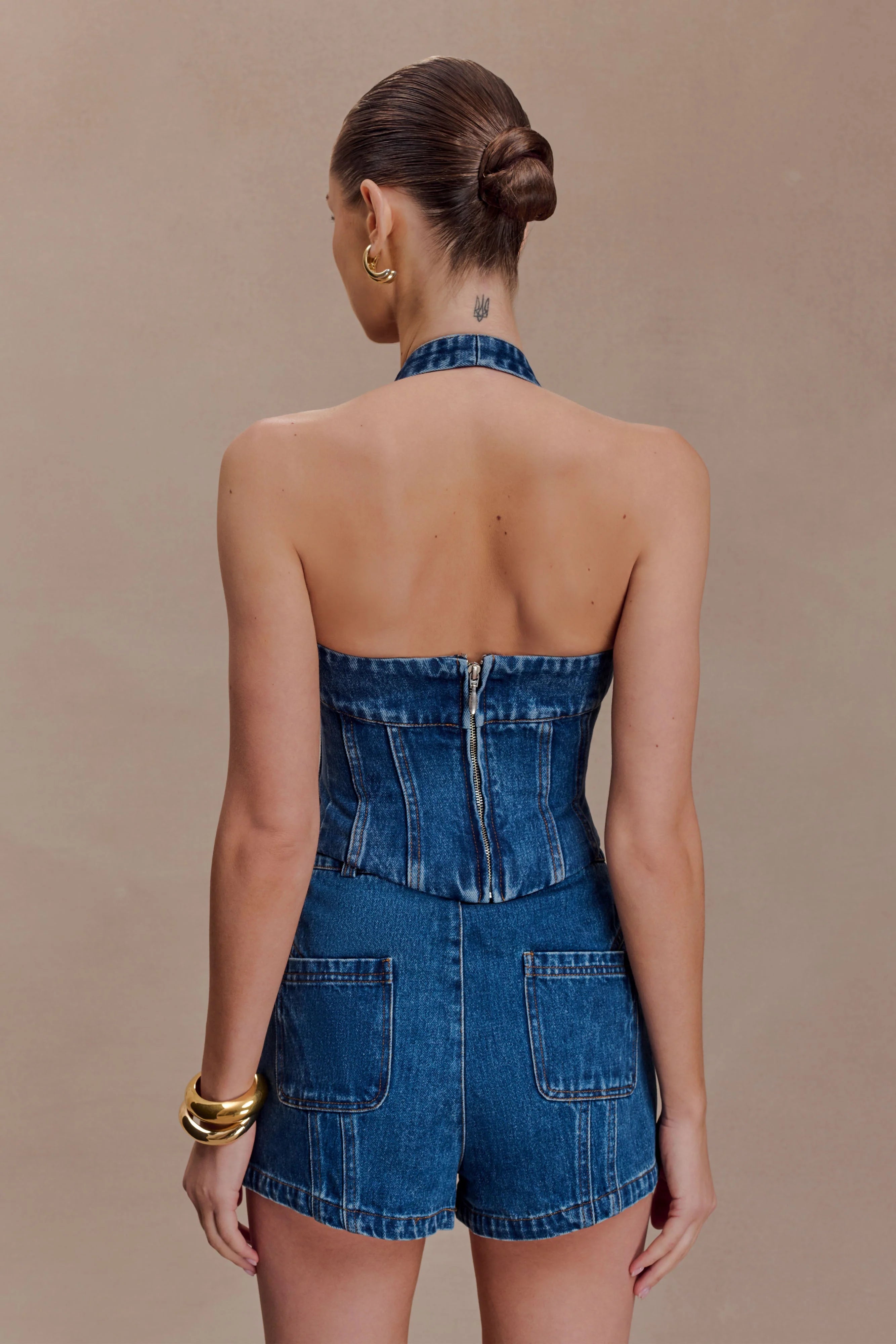 Meadow Denim Corset Halter Top Dark Blue