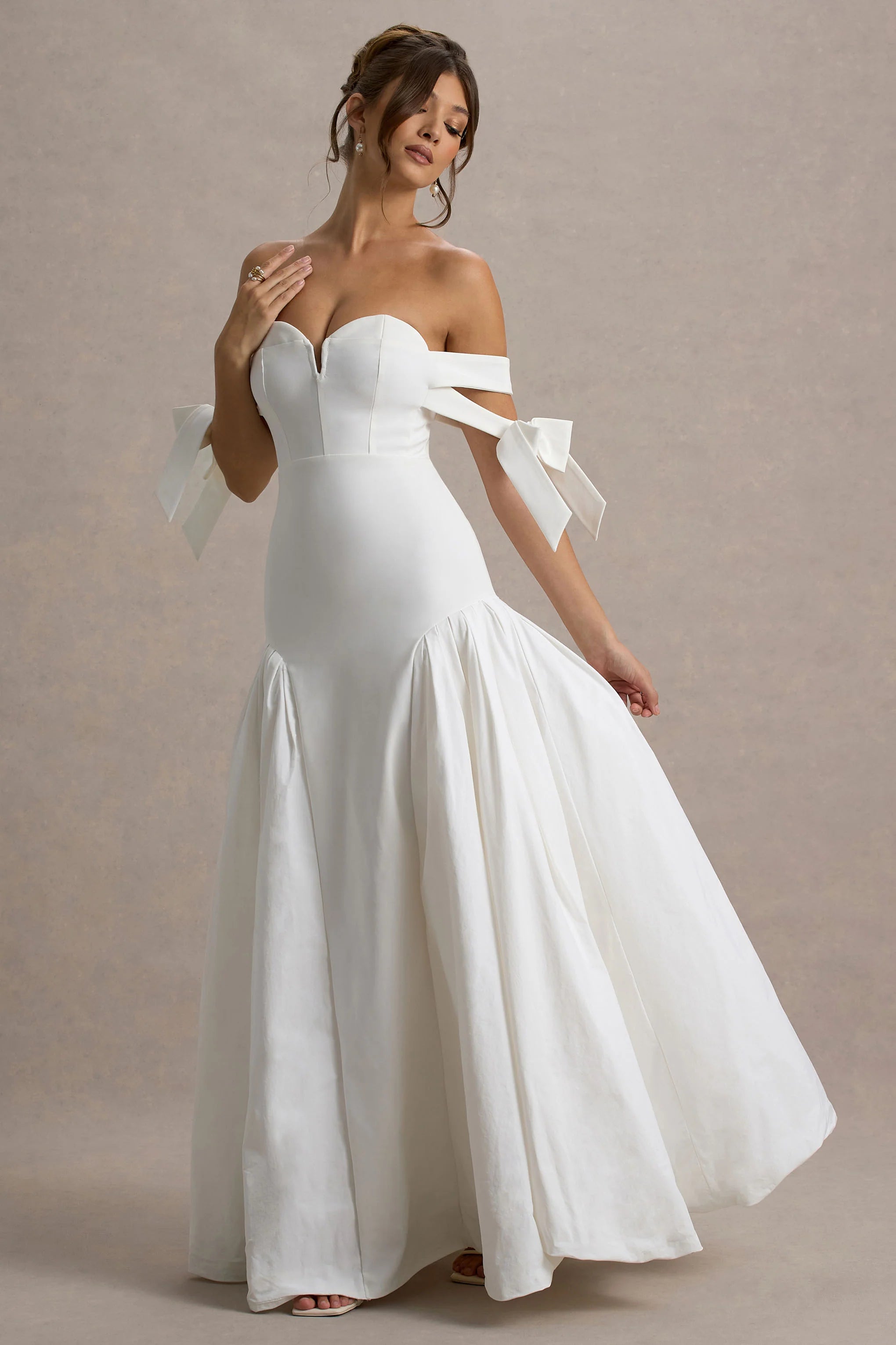 Ethel White Cream Bardot Maxi Dress With Volume Skirt