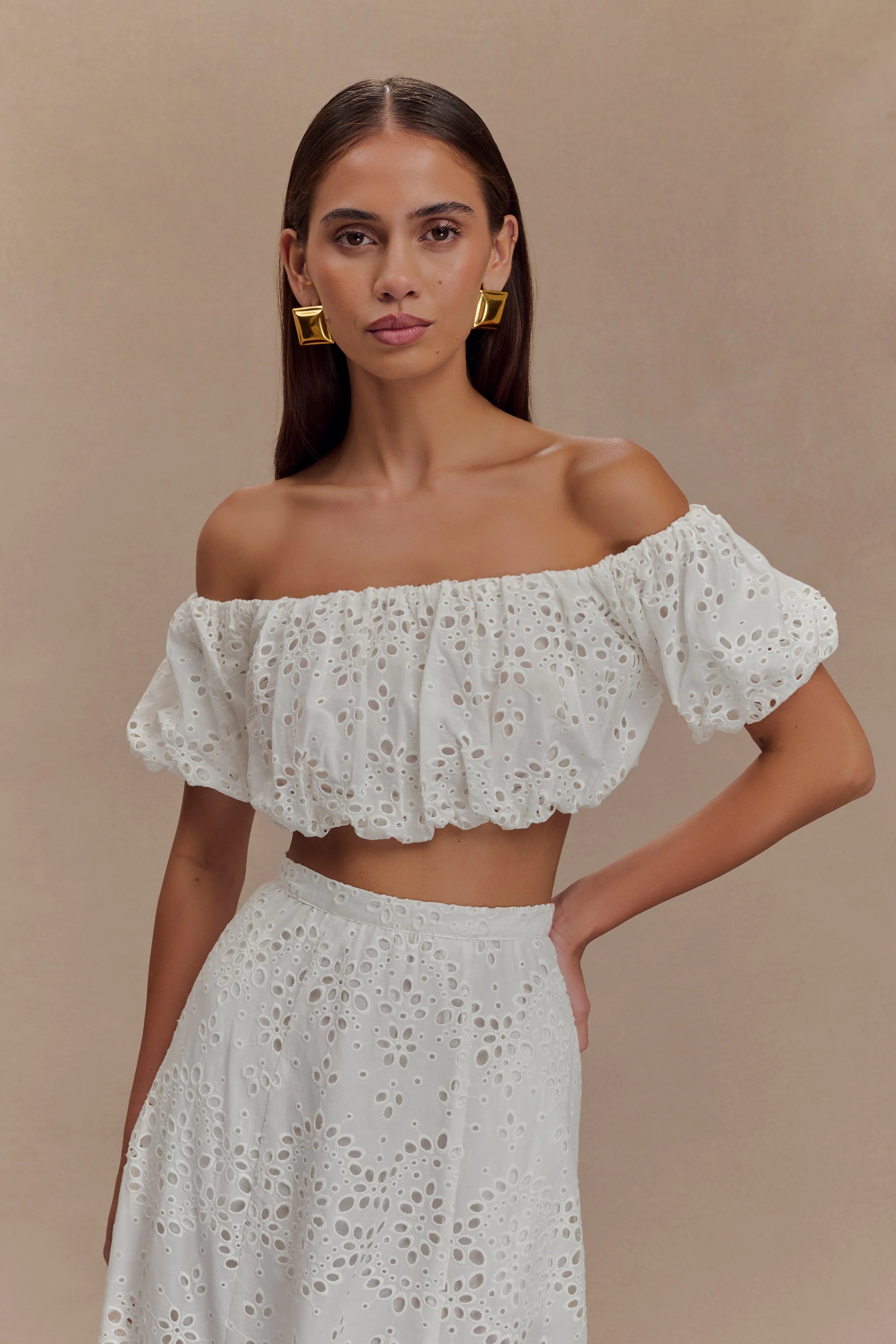 Autumn Off Shoulder Broderie Top White