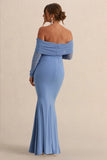 Pretty Perfect Powder Blue Maternity Ruched Mesh Bardot Maxi Dress