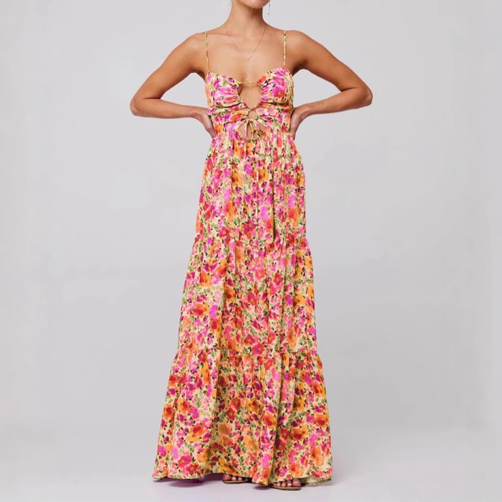 Women Floral Maxi Dress Tie Front Cut Out Backless Boho Spaghetti Strap Summer Beach Sundress
