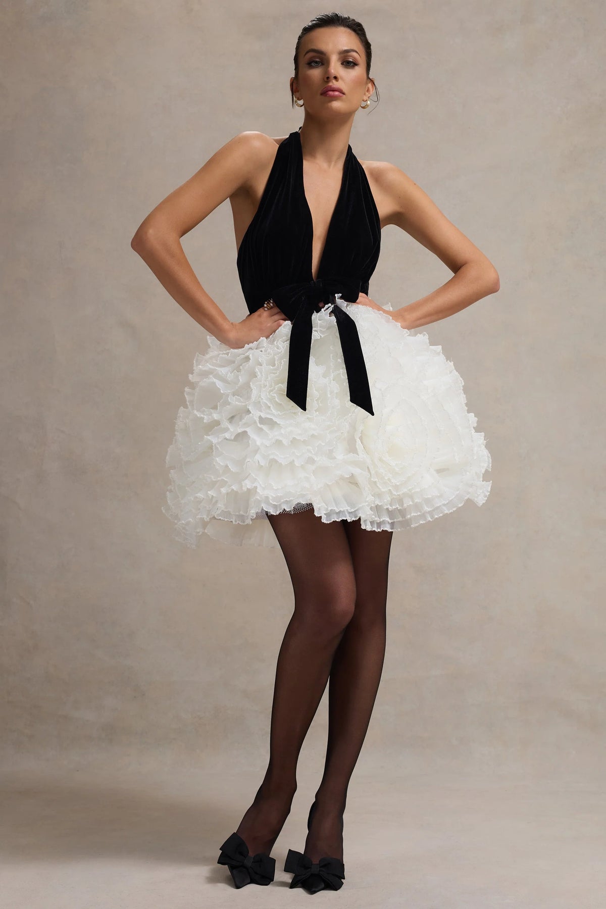 Meringue Black Velvet Plunge Neck Mini Dress With Tulle Skirt