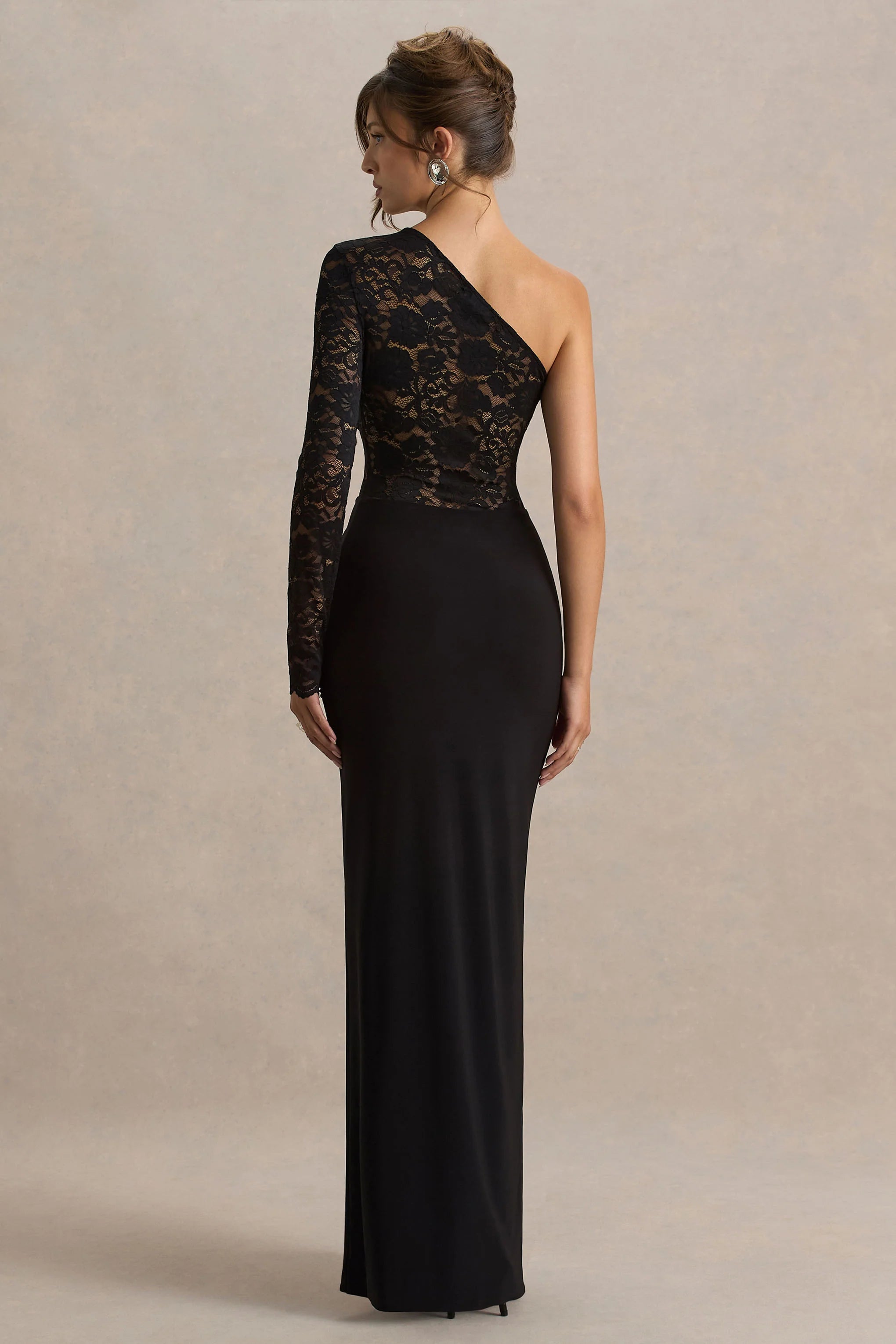 Melody Black Asymmetric Neck Maxi Dress With Lace Detailing And Front High Split