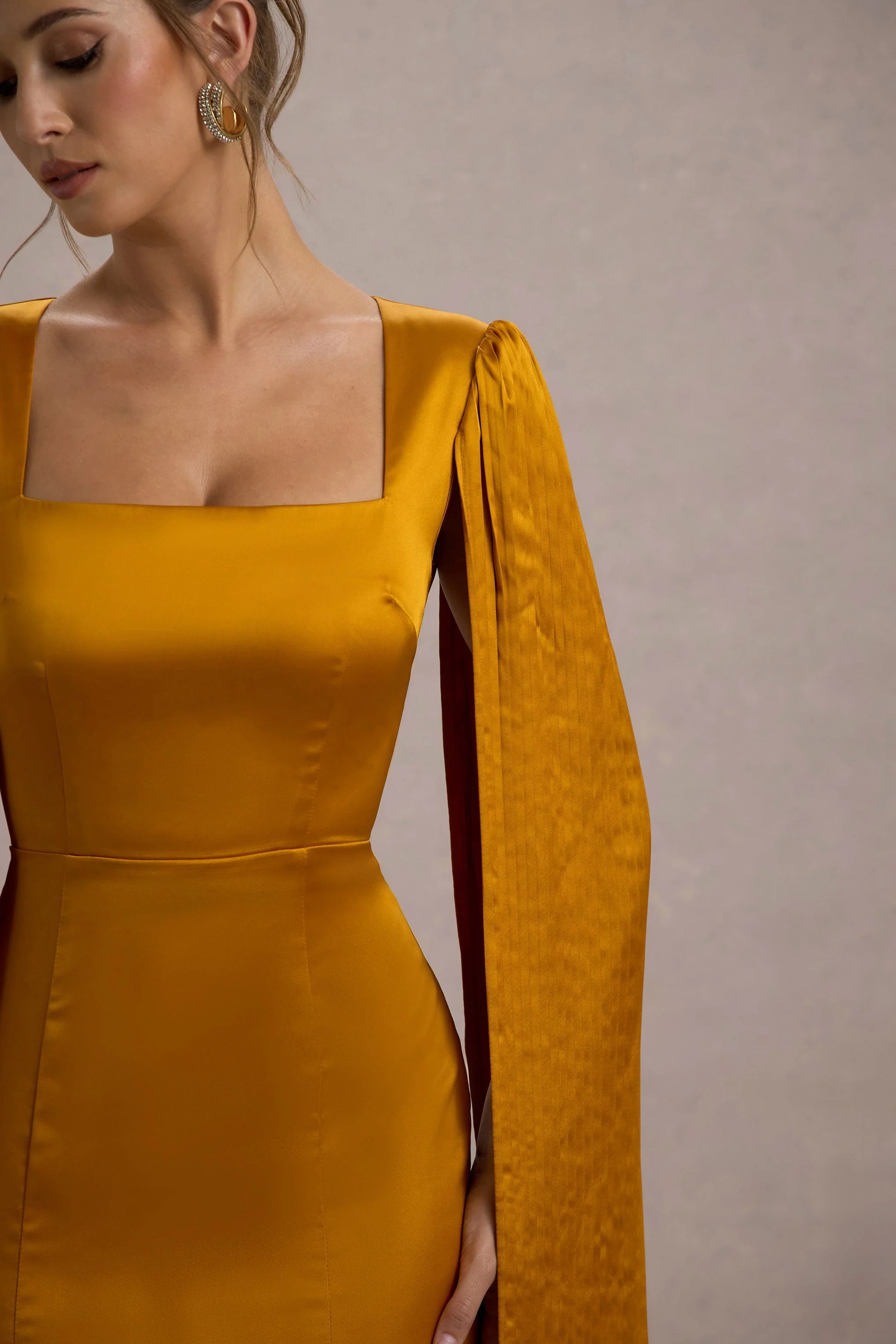 Nalda Mustard Square Neck Midi Dress With Cape Sleeves