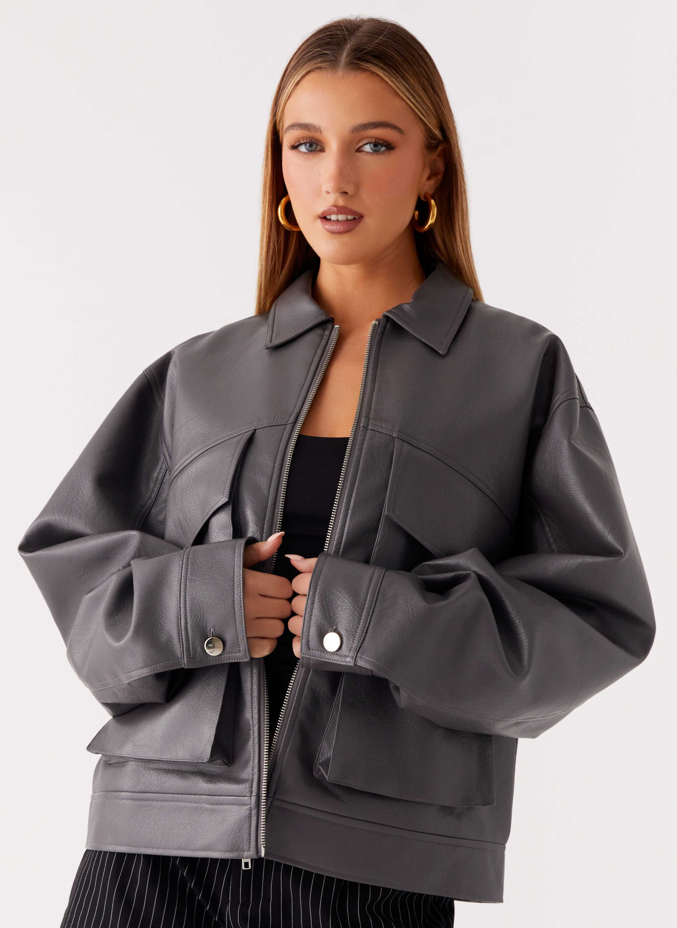 Lula Faux Leather Bomber Jacket Charcoal