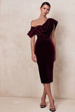 High End Burgundy Velvet Asymmetric Neck Midi Dress With Draped Detailing